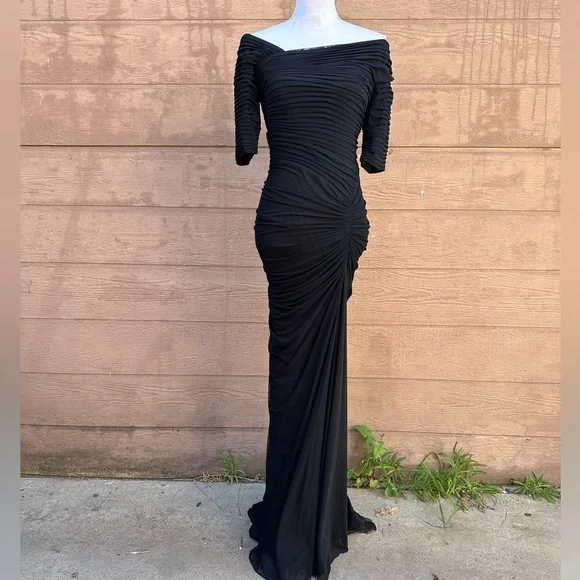 tadashi shoji ruched dress Tadashi Shoji Sagamore Ribbon Flower Embellished Gown